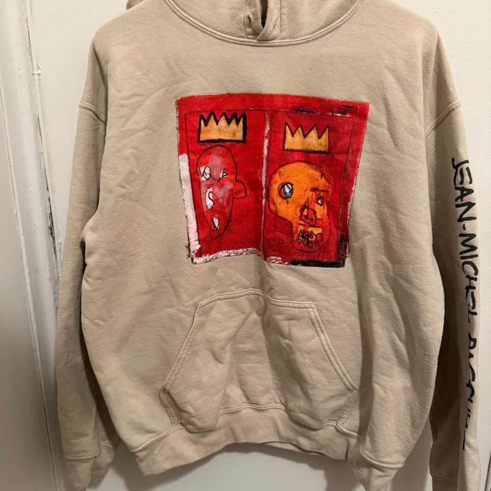 BASQUIAT Beige Hoodie with Red Graphic Art